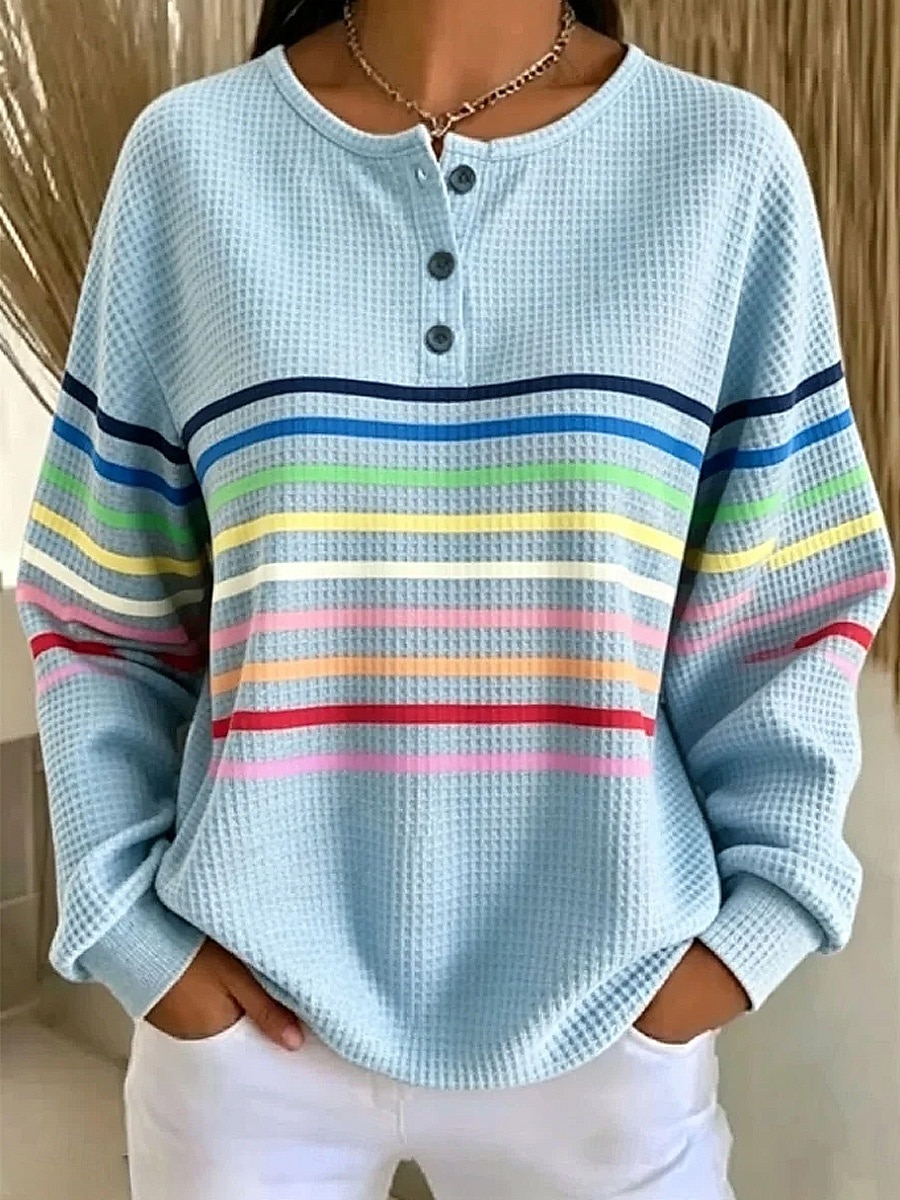 Women's Textured Pullover Sweatshirt Buttons Graphic Geometric Plaid Fashion Casual Print Long Sleeve Crew Neck Round Neck Regular Tops Casual Street Blue Pink Orange Green Summer Spring Fall 2026 - &euro;25.99 &ndash;P3