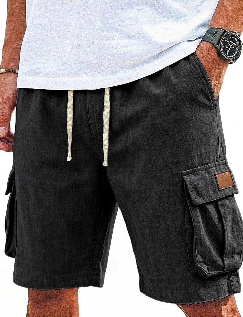 Men's Shorts Linen Shorts Summer Shorts Beach Shorts Drawstring Elastic Waist Multi Pocket Plain Comfort Breathable Knee Length Daily Outdoor Holiday Vacation Fashion Black Green Inelastic 2026 - $24.99 –P9