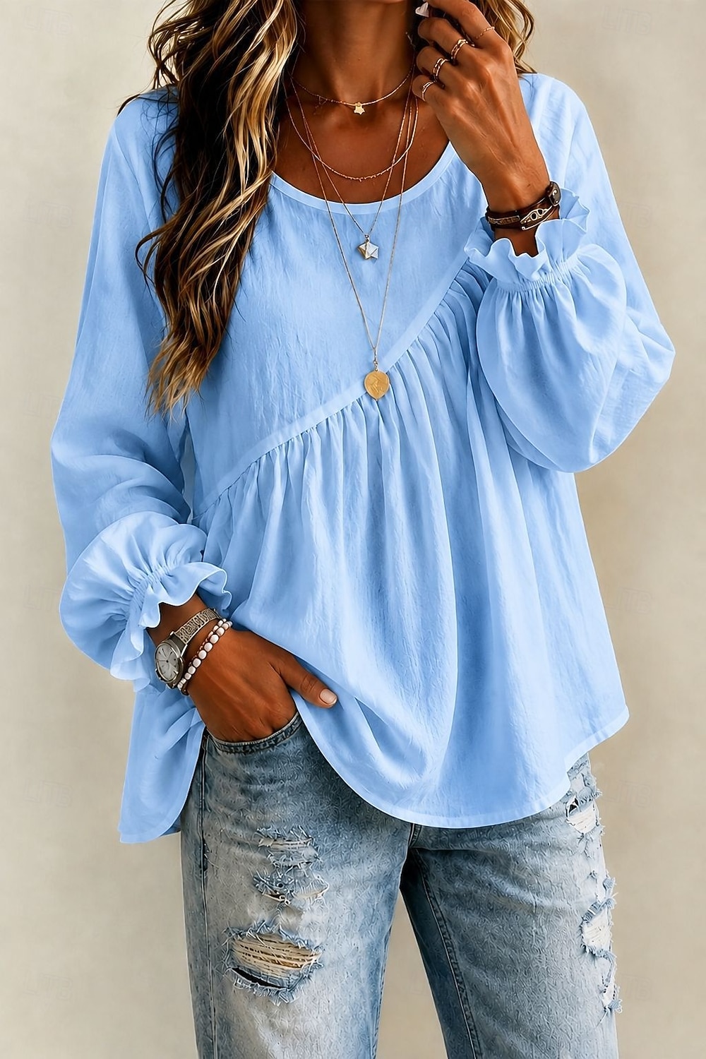 Women's White Boho Blouse Round Neck Long Sleeve Ruffle Trim Peplum Tunic Shirt 2026 - $27.99 &ndash;P4