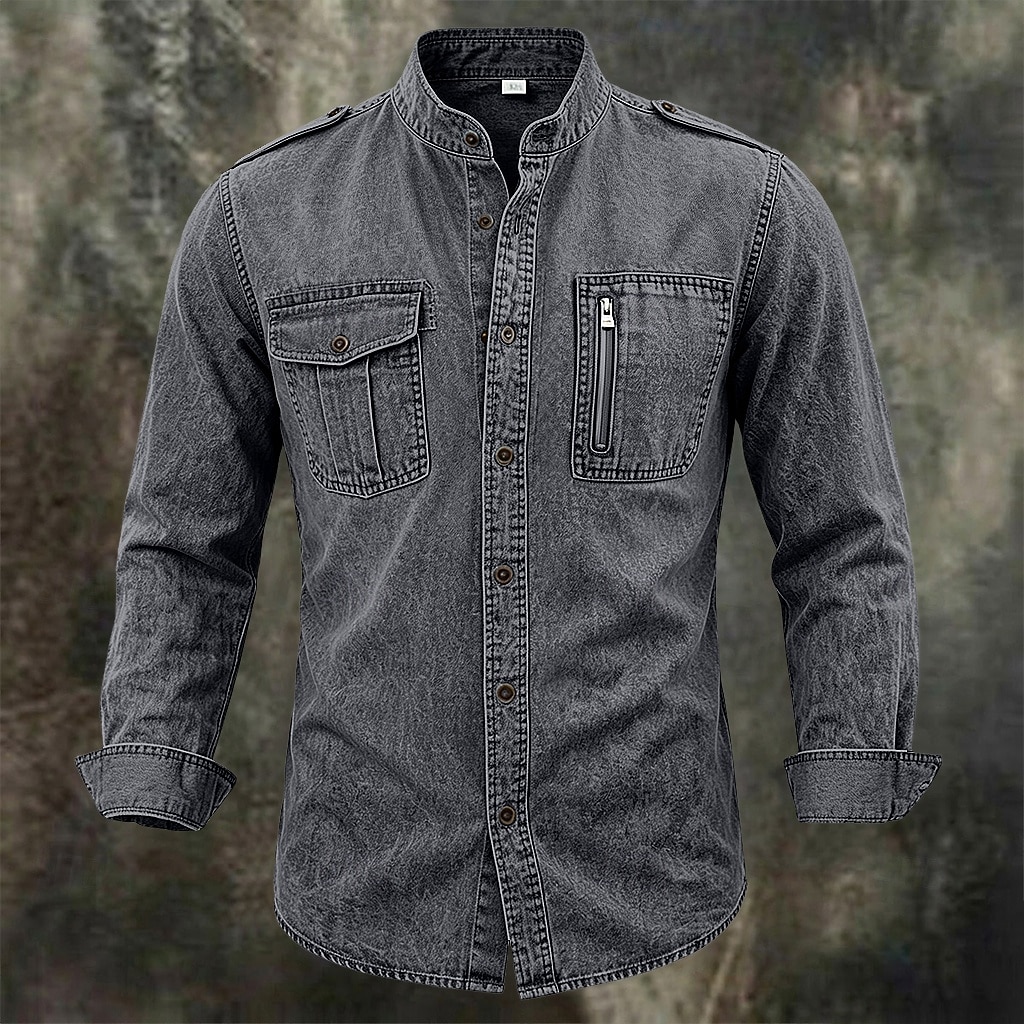 Men Shirt Garment Dyed Acid Wash Shirt Blue Black Green khaki Long Sleeve Plain Shirt Collar Mandarin Collar Casual Daily Pocket Clothing Apparel Elegant Fashion Casual 2026 - $34.99 &ndash;P8