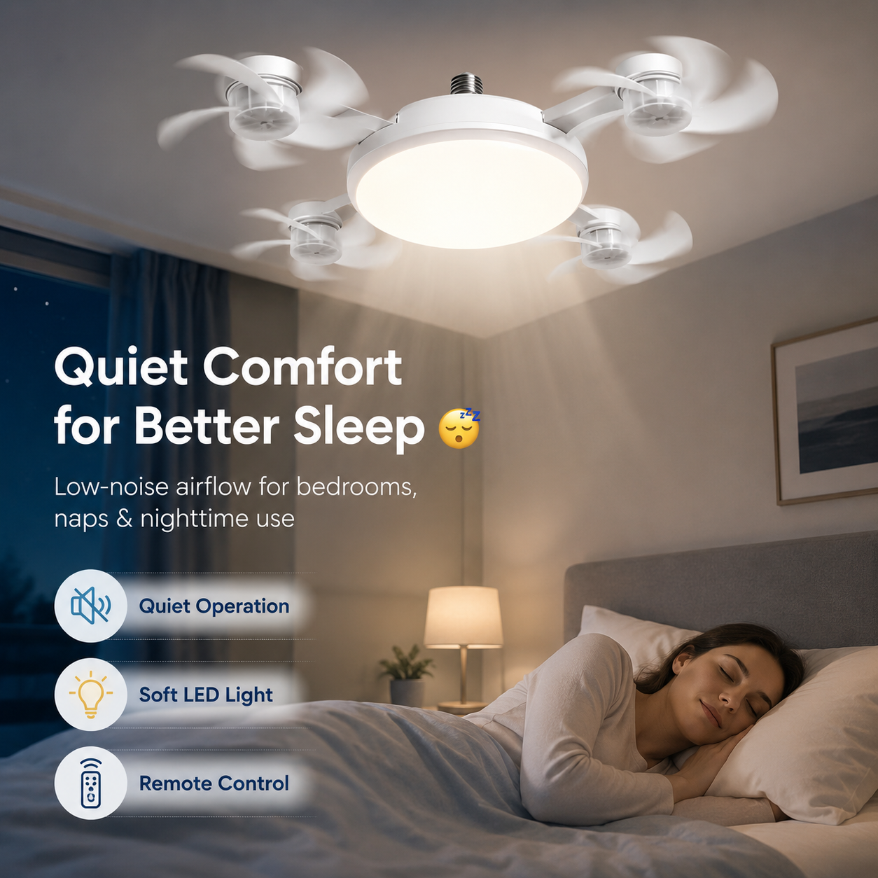 Quiet comfort E27 fan light for bedroom sleep and nighttime use
