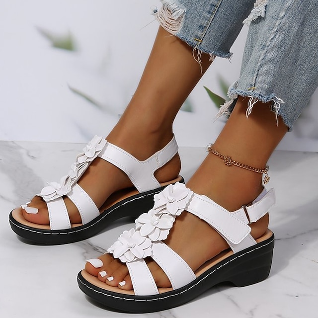 Women's Navy Blue Floral Sandals - Stylish Flat Shoes with Flower Accents for Casual Summer Wear