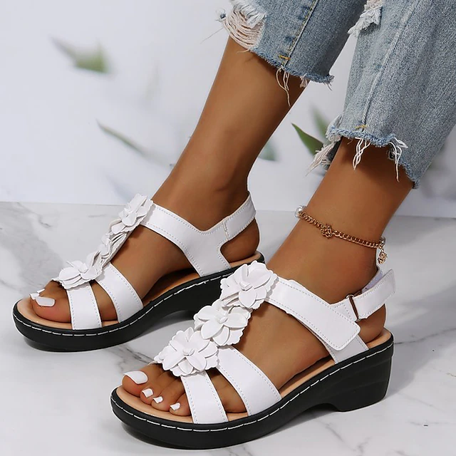 Women's Navy Blue Floral Sandals - Stylish Flat Shoes with Flower Accents for Casual Summer Wear