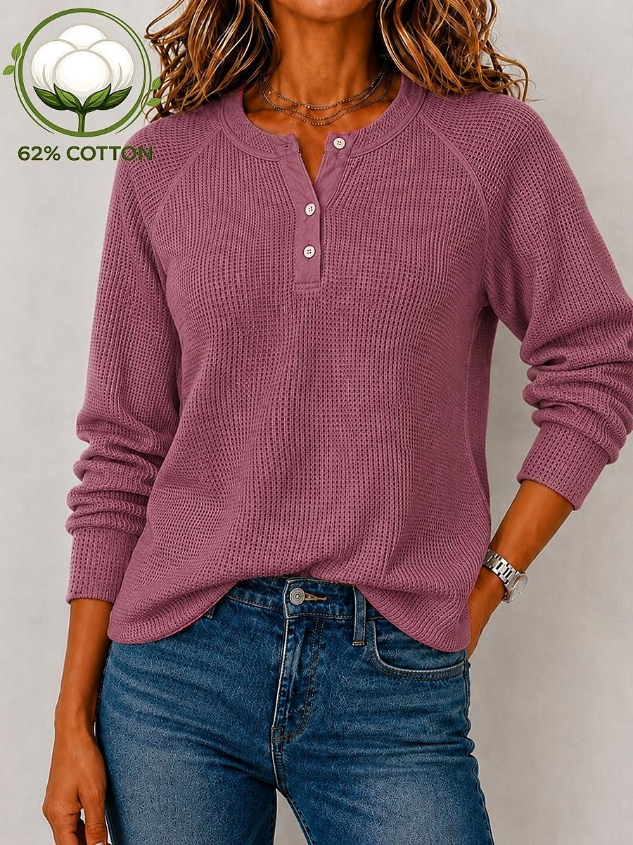 Women's Waffle Shirt Blouse Knit Shirts Texture Solid Color Stylish Basic Classic Long Sleeve Shirt Henry Collar Long Tops Casual Daily Halloween Going out White Purple Orange Beige Spring Fall Winter 2026 - $33.99 &ndash;P2