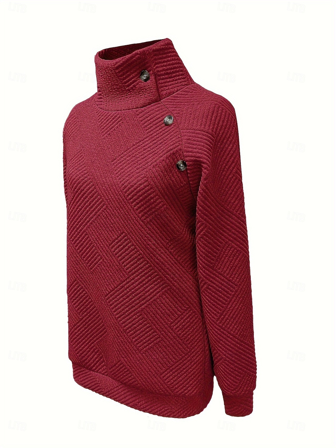 Women's Textured Pullover Sweatshirt Patchwork Buttons Vintage Long Sleeve High Neck Long Tops Casual claret Black Gray Fall Winter 2026 - $27.99 &ndash;P6