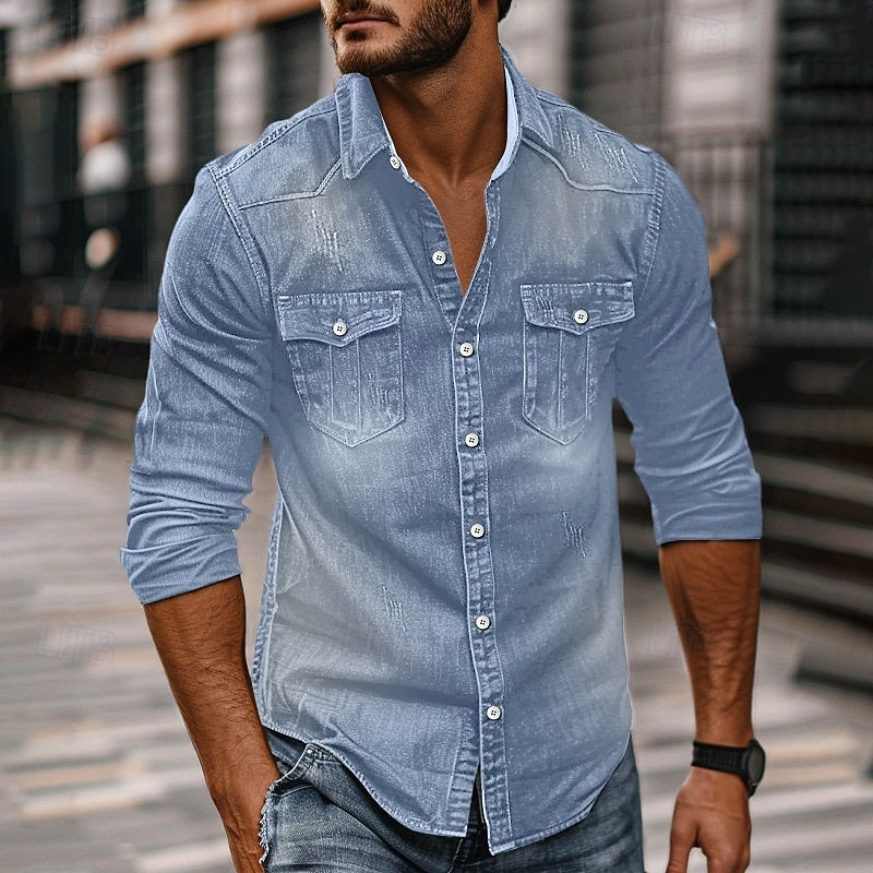 Men's Shirt Chambray Shirt Calico Shirt Button Up Shirt Casual Shirt Denim Shirt Denim Blue Black Dark Navy Blue Long Sleeve Plain Collar Daily Vacation Clothing Apparel Cotton Fashion Casual 2026 - $37.99 &ndash;P5