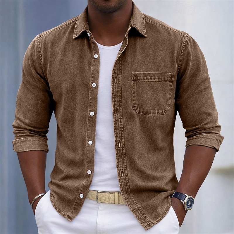 SoftFade&trade; Men's Shirt Casual Shirt Cotton Acid Wash Shirt Acid Wash Shirt Blue Black Light Green Burgundy Navy Blue Long Sleeve Plain Shirt Collar Casual Daily Front Pocket Clothing Apparel 2026 - $31.99 &ndash;P9