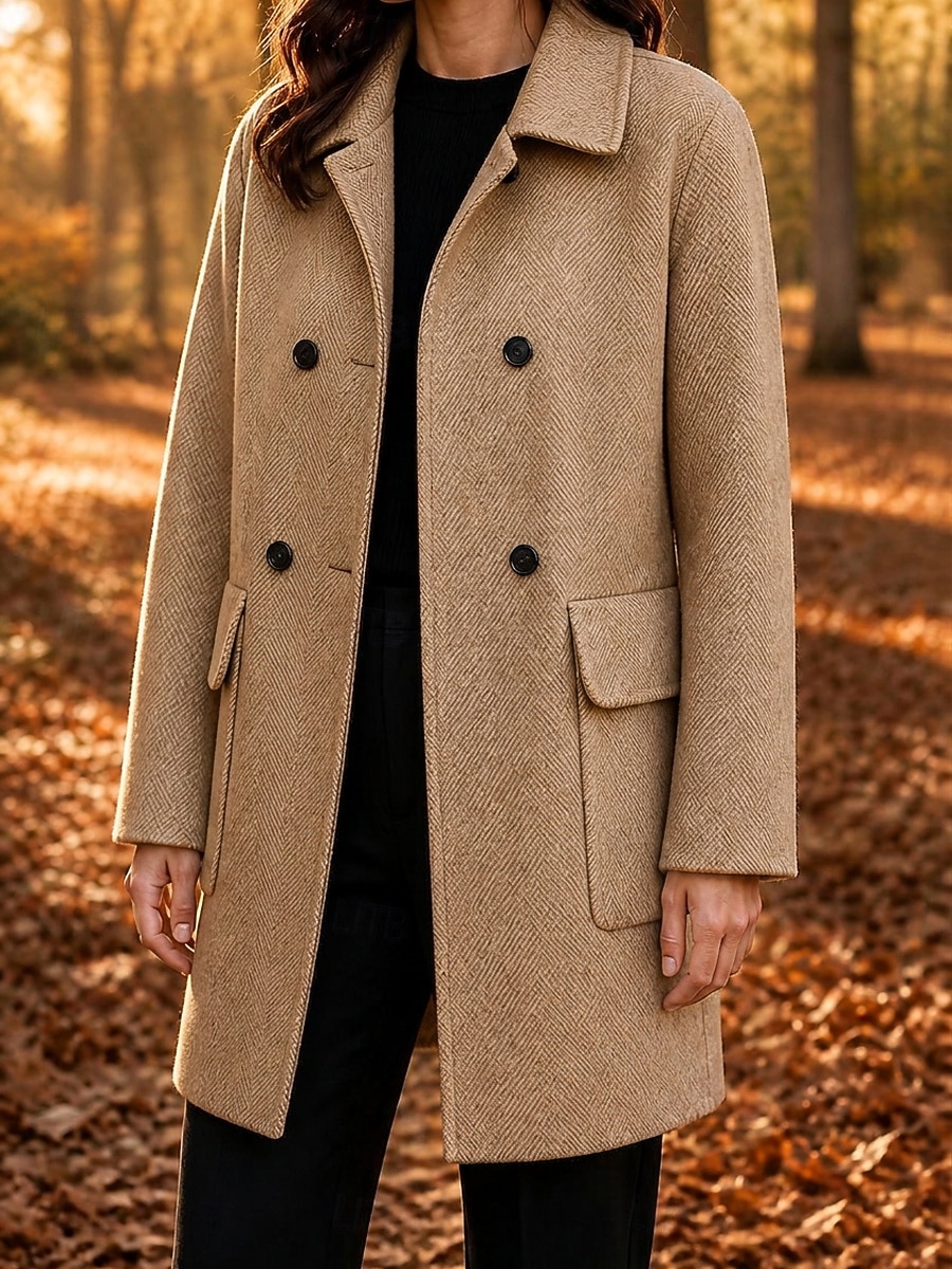 Women's Overcoat Peacoat Warm Pocket Buttons Elegant Classic Solid Color Casual Long Turndown Long Sleeve Outerwear Black Red Camel Fall Winter 2026 - &euro;43.99 &ndash;P1