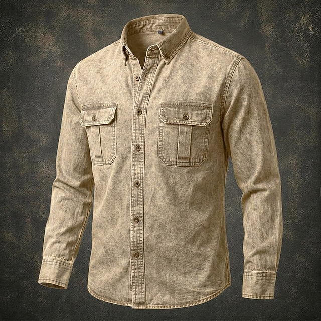 Men Shirt Garment Dyed Acid Wash Shirt Blue Black Red Purple Green Long Sleeve Plain Shirt Collar Casual Daily Front Pocket Clothing Apparel Elegant Fashion Casual