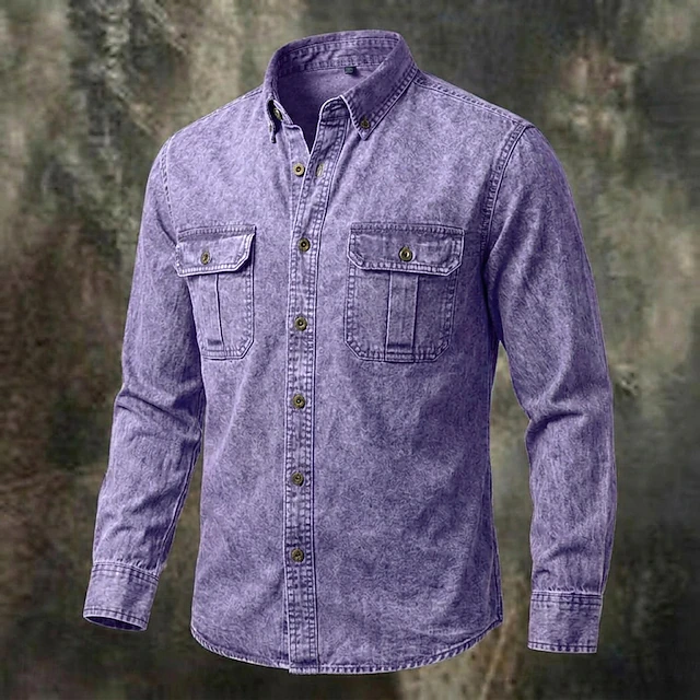 Men Shirt Garment Dyed Acid Wash Shirt Blue Black Red Purple Green Long Sleeve Plain Shirt Collar Casual Daily Front Pocket Clothing Apparel Elegant Fashion Casual