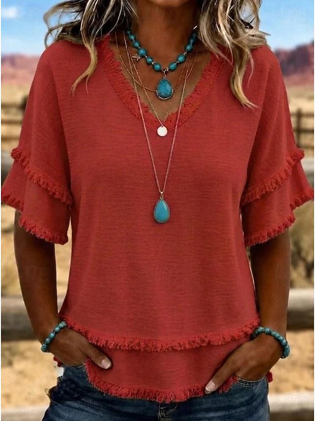 Women's V Neck Fringe Trim Short Sleeve Blouse Double Layer Frayed Raw Hem Crinkle Textured Loose Casual Tunic Top