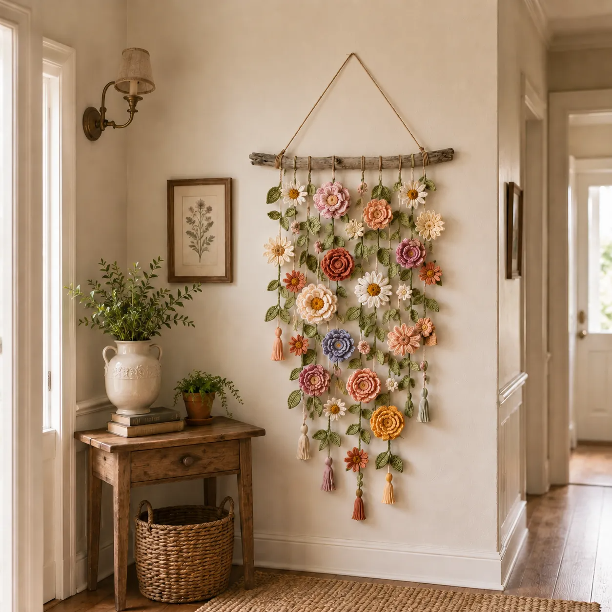 Boho crochet wall hanging in a bright sitting corner