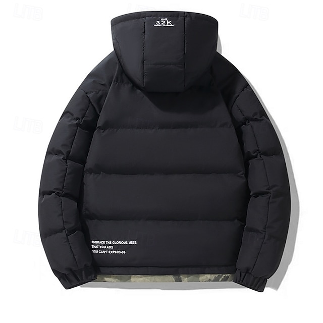 Men's Winter Coat Puffer Jacket Quilted Jacket Padded Hooded Leisure Sports Going out Windproof Fall & Winter Solid / Plain Color Black Blue Khaki Puffer Jacket