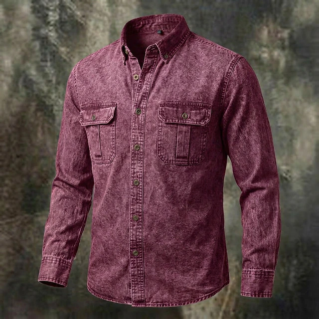 Men Shirt Garment Dyed Acid Wash Shirt Blue Black Red Purple Green Long Sleeve Plain Shirt Collar Casual Daily Front Pocket Clothing Apparel Elegant Fashion Casual