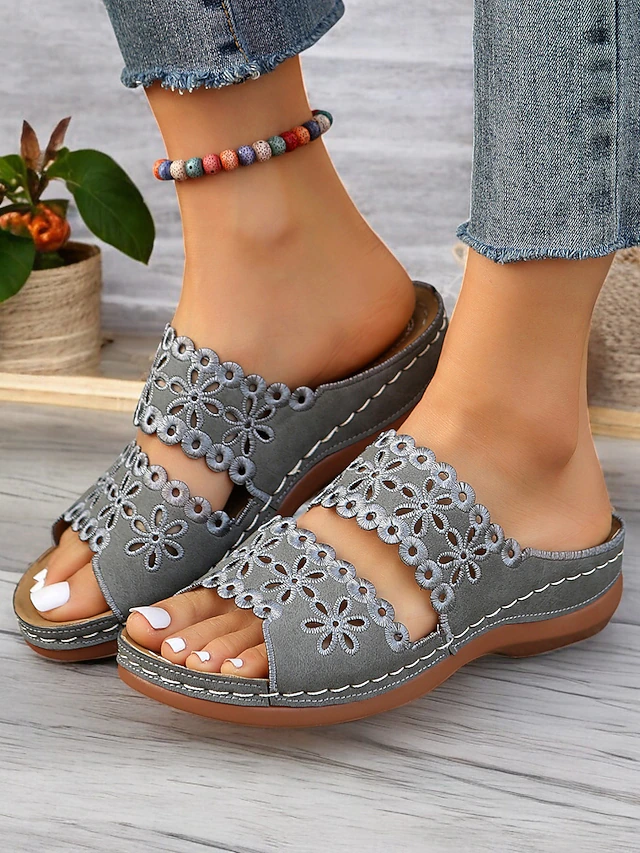 Women's White Slip-On Sandals with Floral Cut-Out Design Comfortable Sole and Casual Style for Summer Wear and Daily Outings