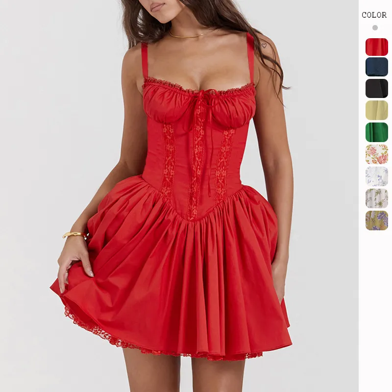Wholesale Women Fashion Sexy Lace Stitching Defined Waist Sling Dress