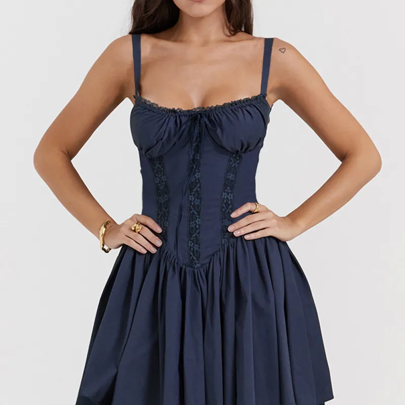 Wholesale Women Fashion Sexy Lace Stitching Defined Waist Sling Dress