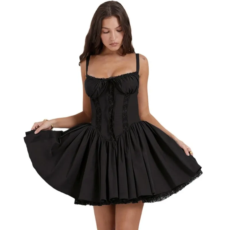 Wholesale Women Fashion Sexy Lace Stitching Defined Waist Sling Dress
