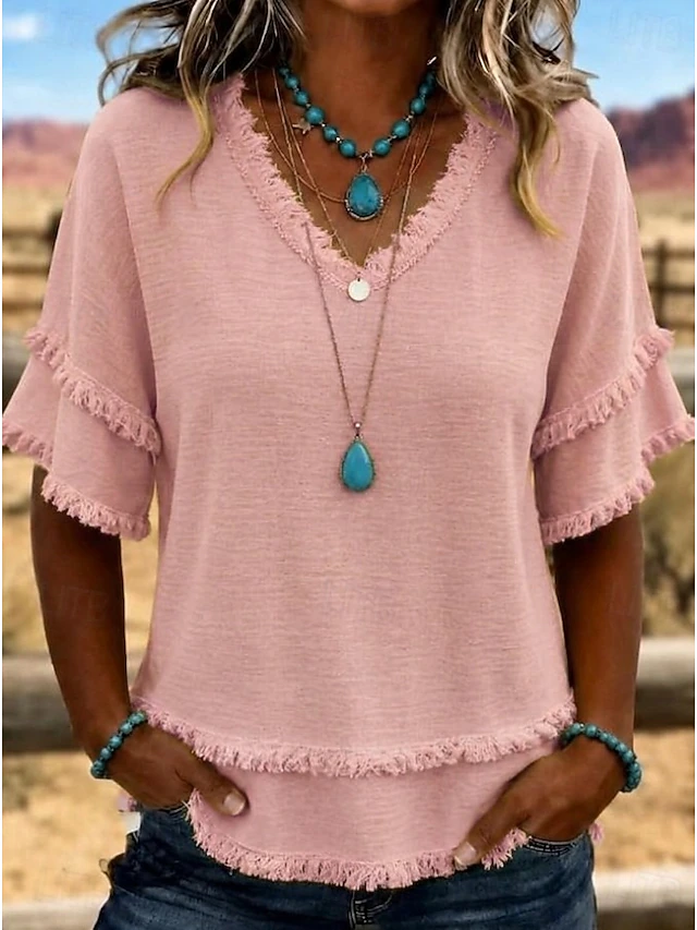 Women's V Neck Fringe Trim Short Sleeve Blouse Double Layer Frayed Raw Hem Crinkle Textured Loose Casual Tunic Top