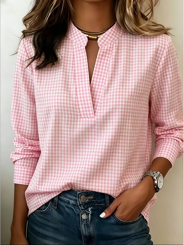  Women's Black White Mini Gingham Mandarin Collar Half Placket Long Sleeve Loose Casual Work Blouse