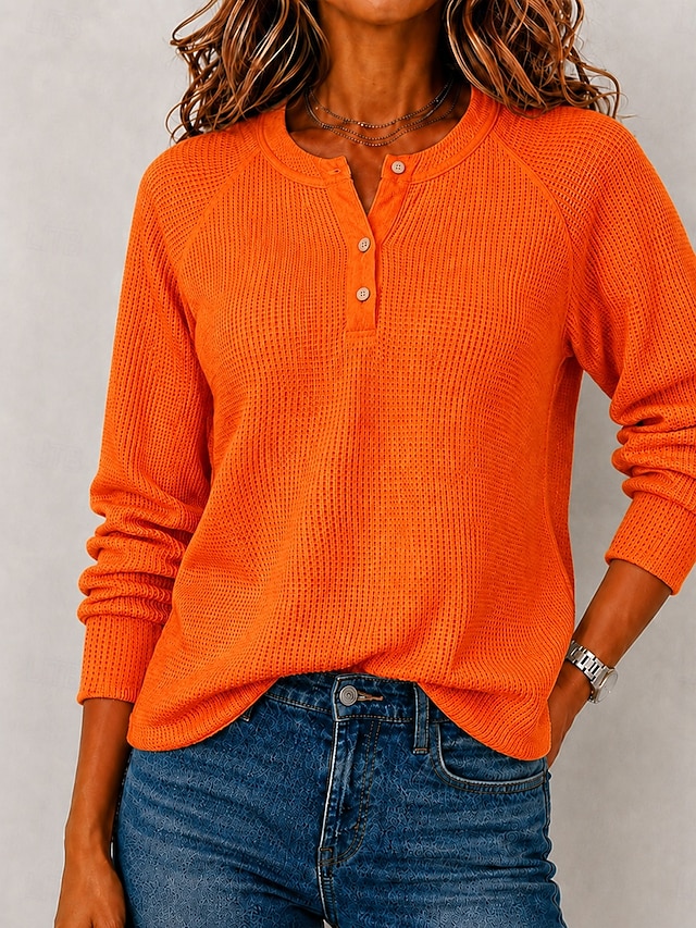 Women's Waffle Shirt Blouse Knit Shirts Texture Solid Color Stylish Basic Classic Long Sleeve Shirt Henry Collar Long Tops Casual Daily Halloween