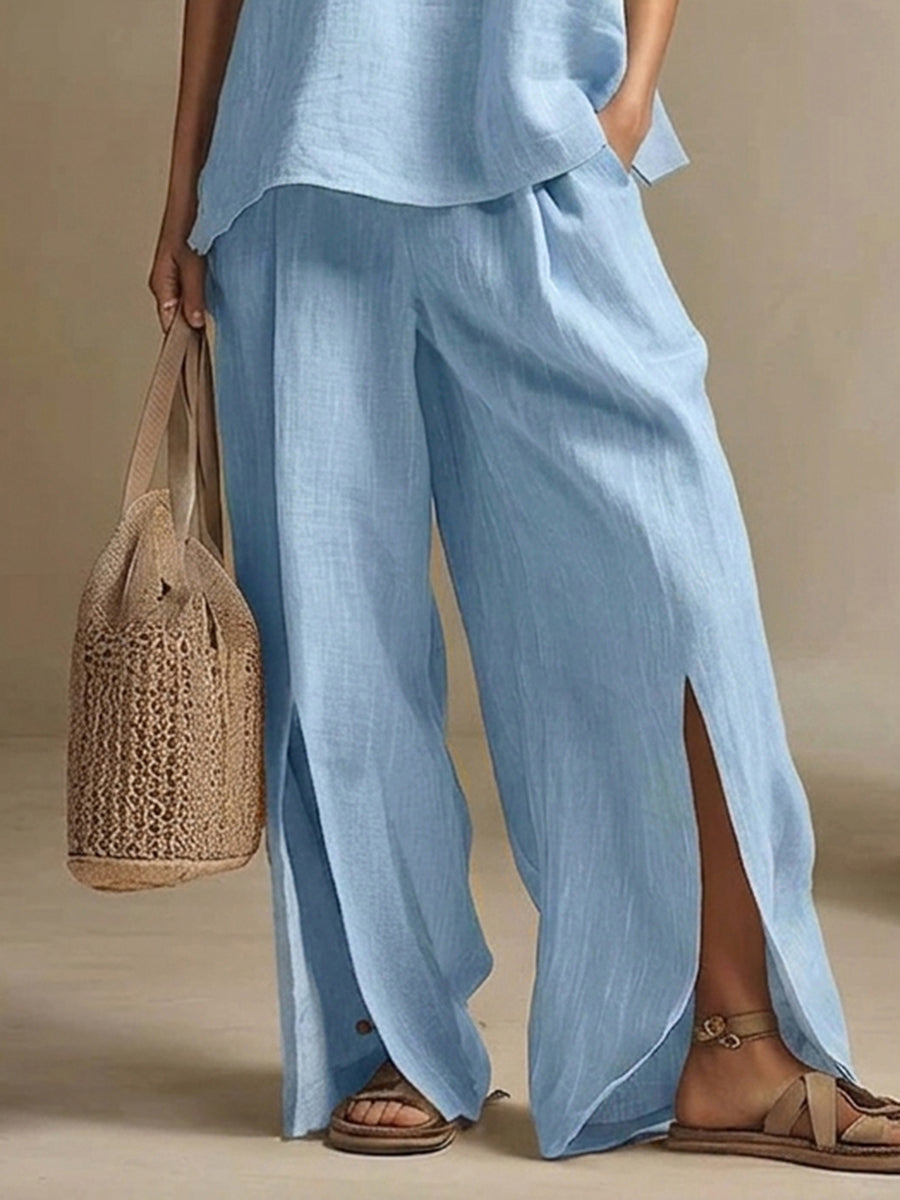 Casual & Cozy Slit-hem Cotton-linen Wide-leg Pants