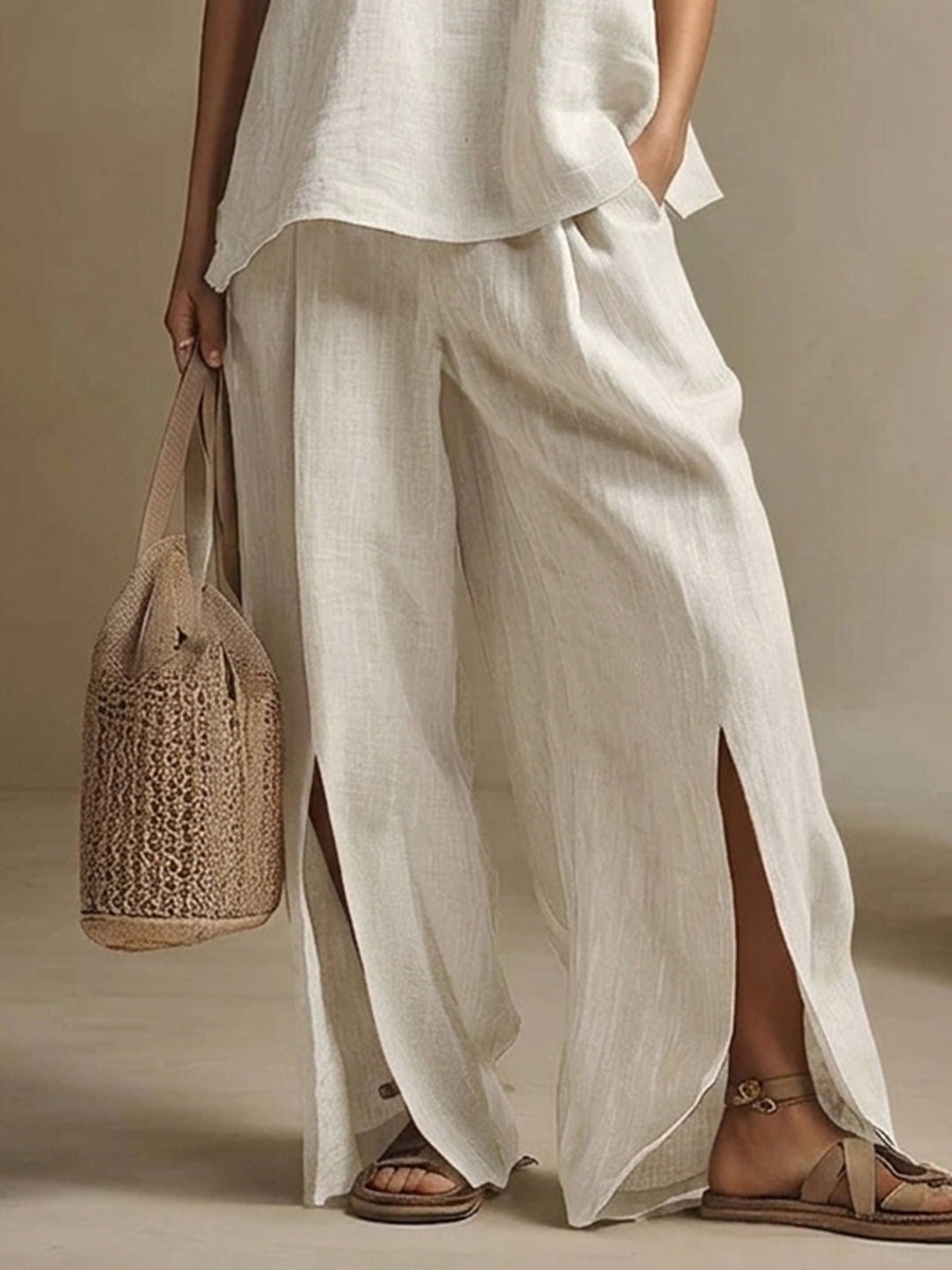 Casual & Cozy Slit-hem Cotton-linen Wide-leg Pants