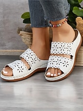 Women's White Slip-On Sandals with Floral Cut-Out Design Comfortable Sole and Casual Style for Summer Wear and Daily Outings