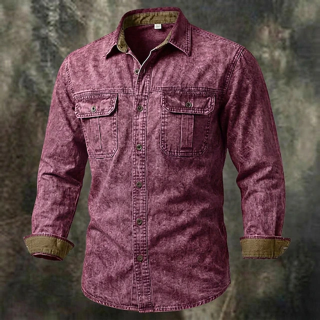 SoftFade™ Men Shirt Western Shirt Garment Dyed Acid Wash Shirt Blue Black Red Purple Green Long Sleeve Plain Shirt Collar Casual Daily Patchwork Clothing Apparel Elegant Fashion Casual