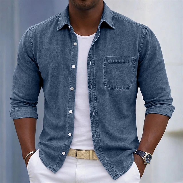 SoftFade™ Men's Shirt Casual Shirt Cotton Acid Wash Shirt Acid Wash Shirt Blue Black Light Green Burgundy Navy Blue Long Sleeve Plain Shirt Collar Casual Daily Front Pocket Clothing Apparel