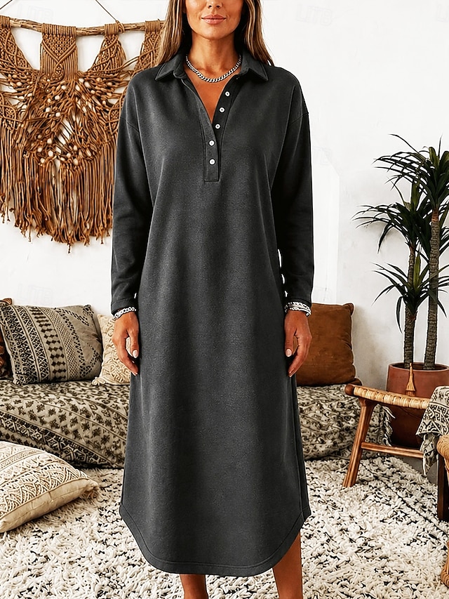 Women's Midi Dress Shift Dress T Shirt Dress Tee Dress Casual Home Outdoor Going out Loose Fit Solid Color Long Sleeve