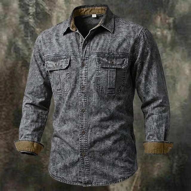 SoftFade™ Men Shirt Western Shirt Garment Dyed Acid Wash Shirt Blue Black Red Purple Green Long Sleeve Plain Shirt Collar Casual Daily Patchwork Clothing Apparel Elegant Fashion Casual