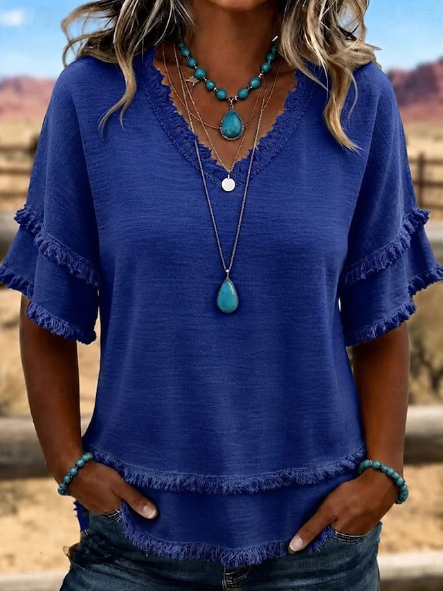 Women's V Neck Fringe Trim Short Sleeve Blouse Double Layer Frayed Raw Hem Crinkle Textured Loose Casual Tunic Top
