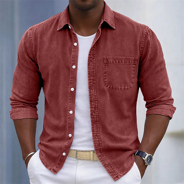 SoftFade™ Men's Shirt Casual Shirt Cotton Acid Wash Shirt Acid Wash Shirt Blue Black Light Green Burgundy Navy Blue Long Sleeve Plain Shirt Collar Casual Daily Front Pocket Clothing Apparel