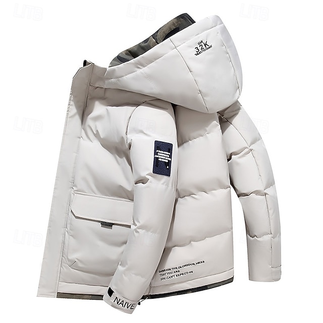 Men's Winter Coat Puffer Jacket Quilted Jacket Padded Hooded Leisure Sports Going out Windproof Fall & Winter Solid / Plain Color Black Blue Khaki Puffer Jacket