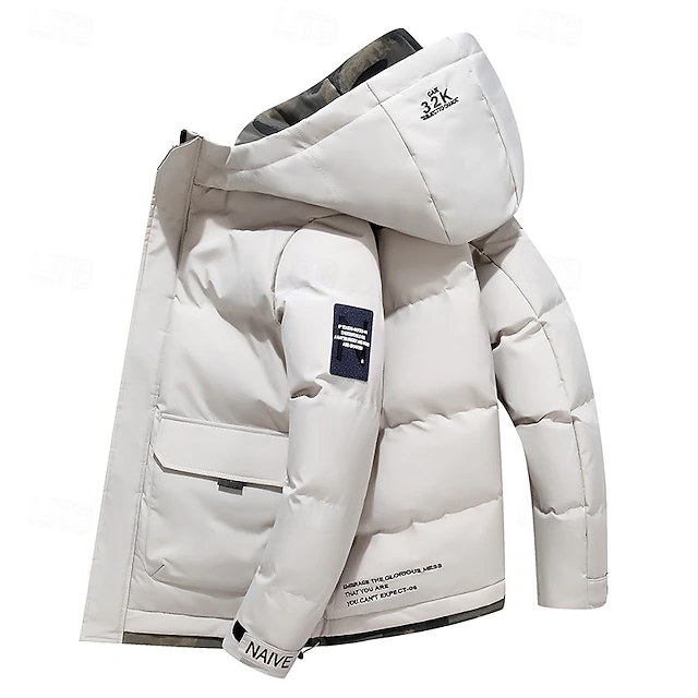 Men's Winter Coat Puffer Jacket Quilted Jacket Padded Hooded Leisure Sports Going out Windproof Fall & Winter Solid / Plain Color Black Blue Khaki Puffer Jacket