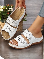 Women's White Slip-On Sandals with Floral Cut-Out Design Comfortable Sole and Casual Style for Summer Wear and Daily Outings