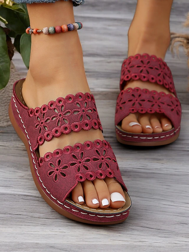 Women's White Slip-On Sandals with Floral Cut-Out Design Comfortable Sole and Casual Style for Summer Wear and Daily Outings