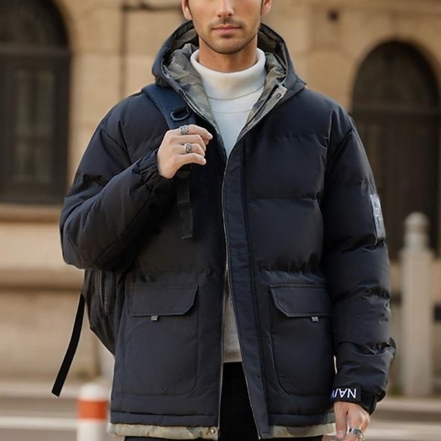 Men's Winter Coat Puffer Jacket Quilted Jacket Padded Hooded Leisure Sports Going out Windproof Fall & Winter Solid / Plain Color Black Blue Khaki Puffer Jacket