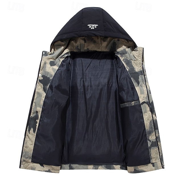 Men's Winter Coat Puffer Jacket Quilted Jacket Padded Hooded Leisure Sports Going out Windproof Fall & Winter Solid / Plain Color Black Blue Khaki Puffer Jacket