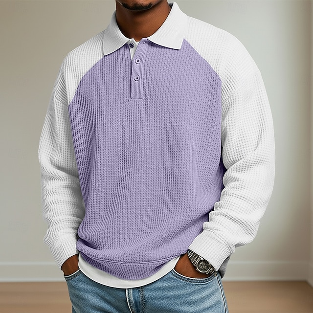 Men's Waffle Polo Shirts Outdoor Causal Lapel Long Sleeve Fashion Modern Solid Color Knitted Spring