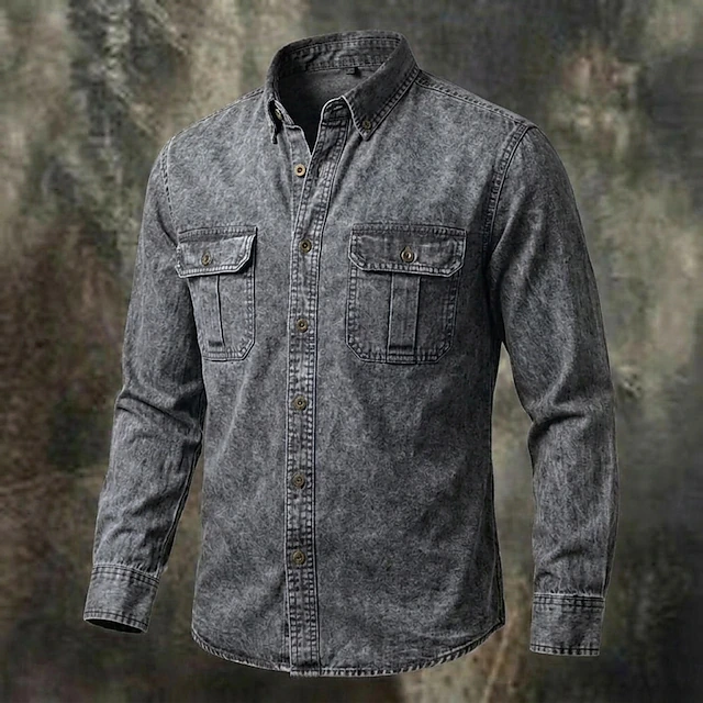 Men Shirt Garment Dyed Acid Wash Shirt Blue Black Red Purple Green Long Sleeve Plain Shirt Collar Casual Daily Front Pocket Clothing Apparel Elegant Fashion Casual