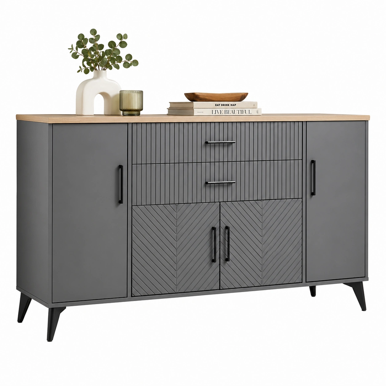 Modernes Sideboard in Grau mit Strukturfront und Holzoptik Platte 186x100x46 cm-onqira