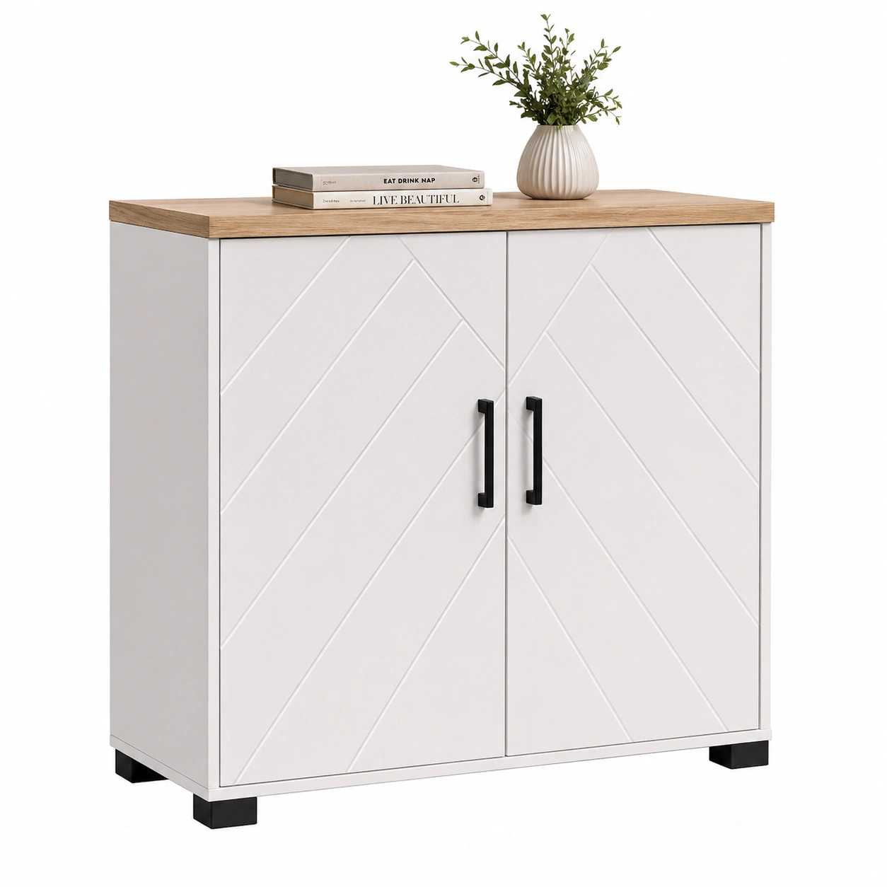 Moderne Kommode mit geometrischem Design 2 Tueren Holzoptik Weiß-onqira
