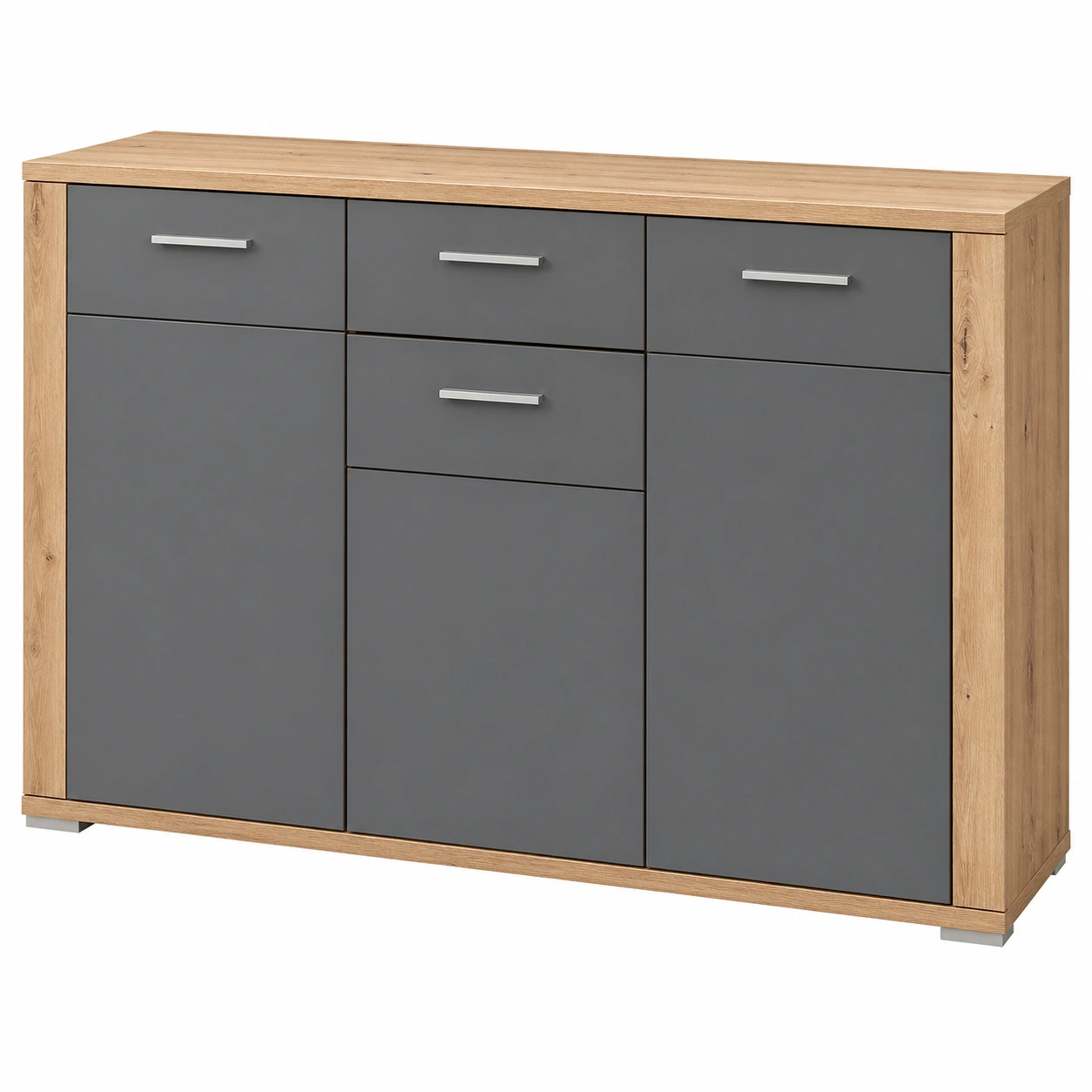 Kommode Sideboard Dunkelgrau Natur Holzoptik 3 Tueren 3 Schubladen 146 cm-onqira