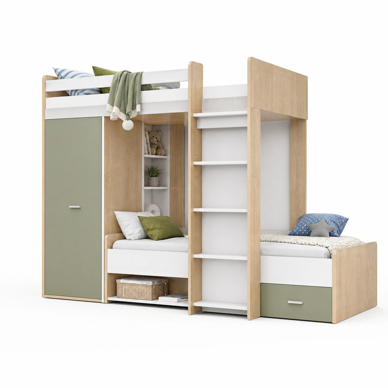 Hochbett mit Leiter und Stauraum 90x200 cm weiss Holzoptik modernes Design-onqira