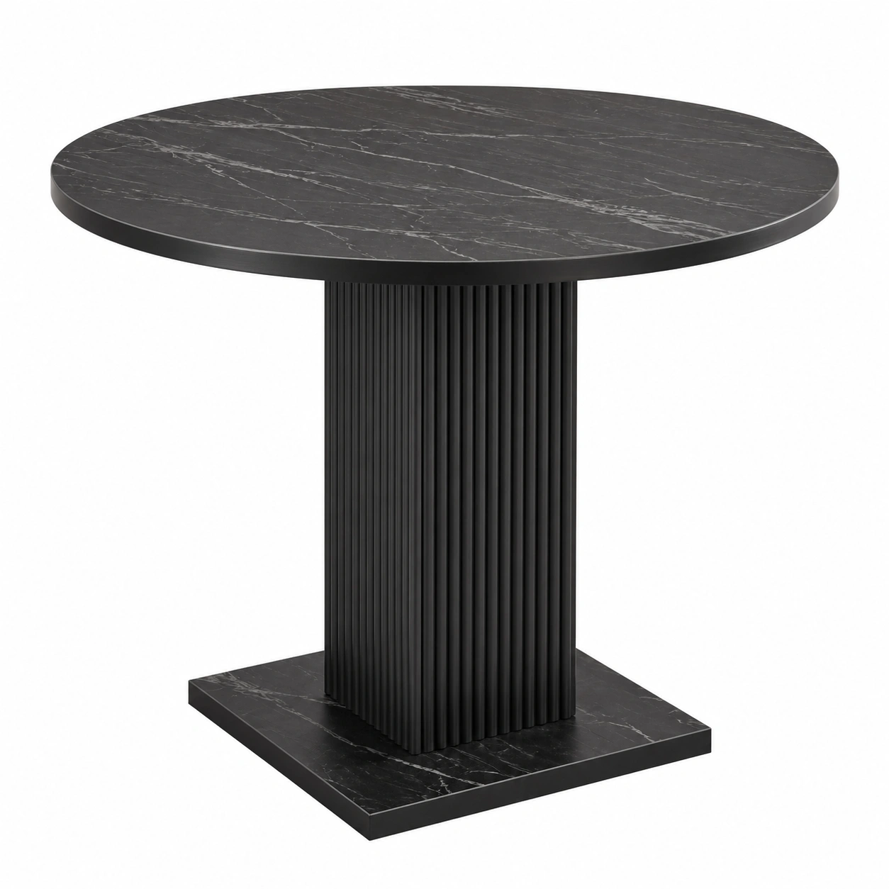 Runder Esstisch in Marmoroptik Schwarz mit Saeulenfuss Modernes Design Stabiler Esszimmertisch Elegant und Platzsparend-warmnix