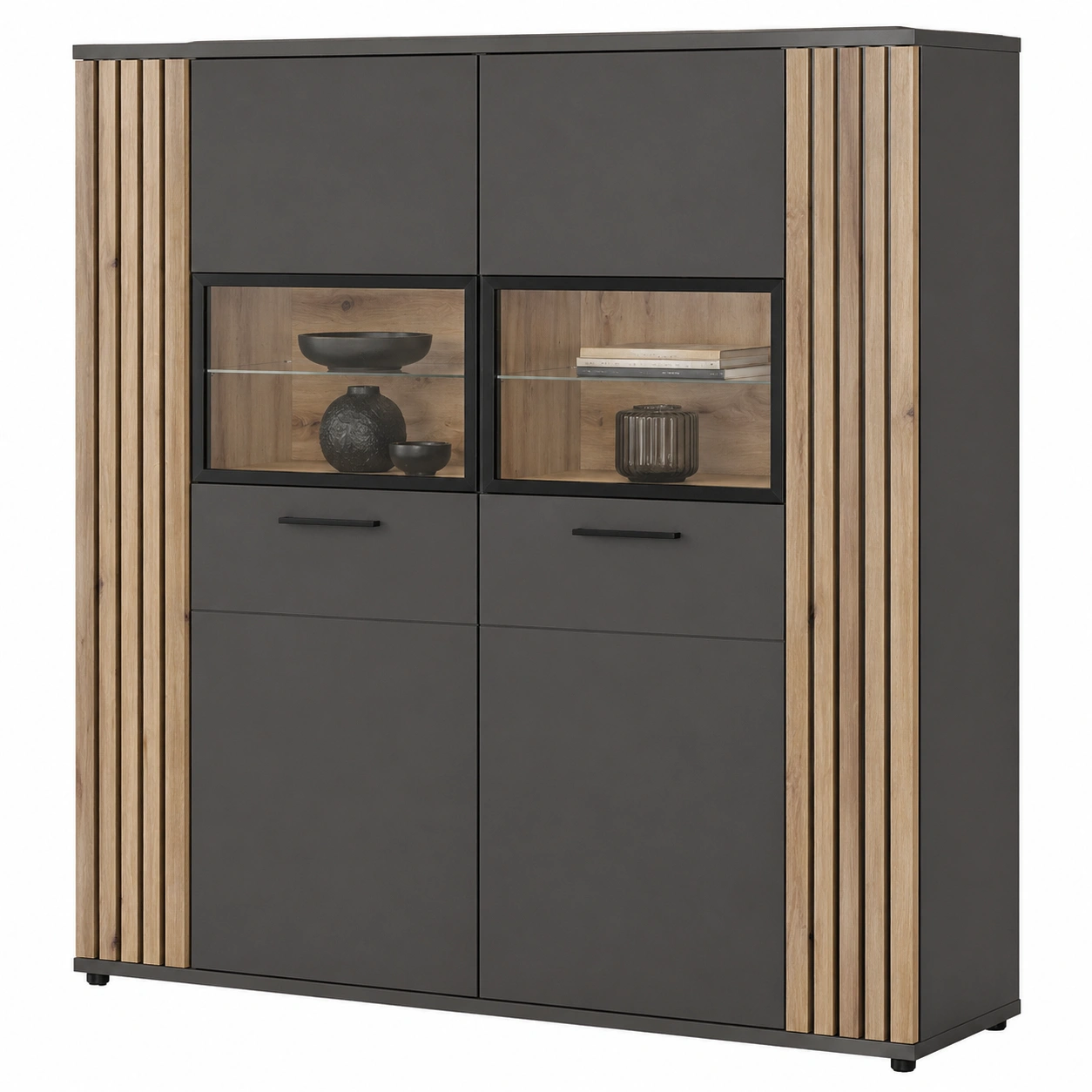 Modernes Highboard in Anthrazit Matt mit Holz Akzenten und Glas Vitrine B/H/T ca 150x157x40 cm-warmnix