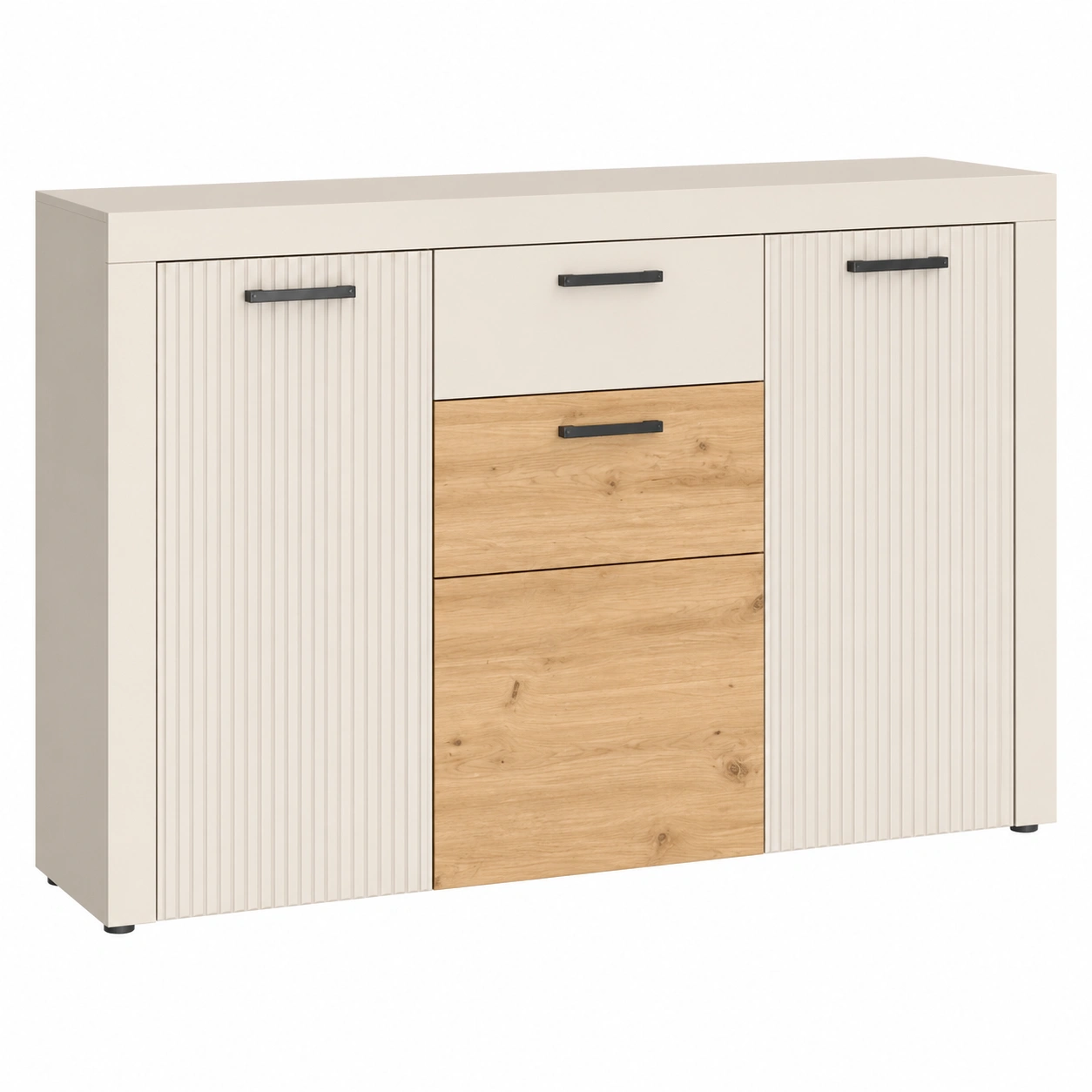 Modernes Sideboard mit Rillenfront und Holz Akzent in Beige Eiche Optik-warmnix