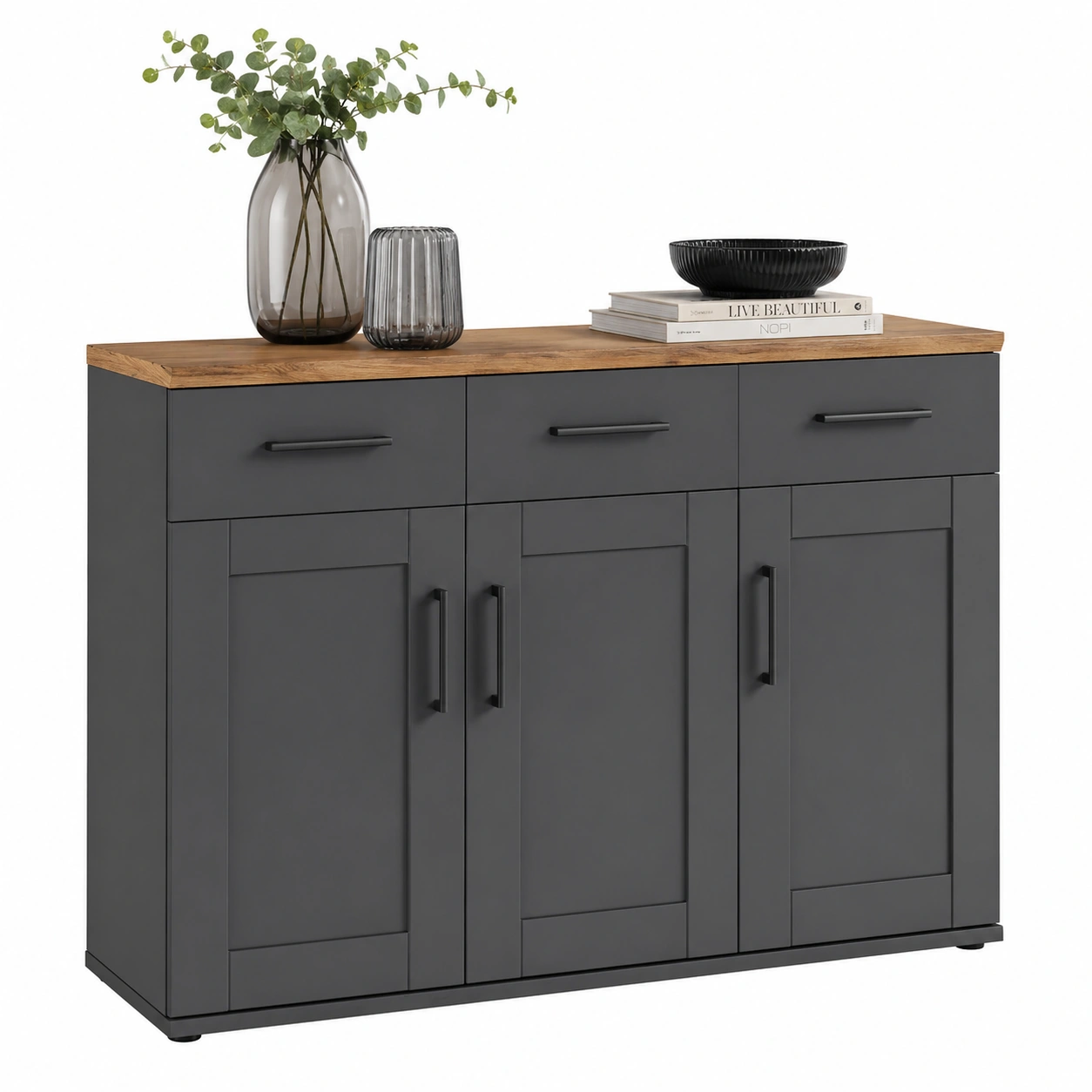 Modernes Sideboard mit 3 Tueren und 3 Schubladen Anthrazit Holzoptik 140x88x45 cm-warmnix